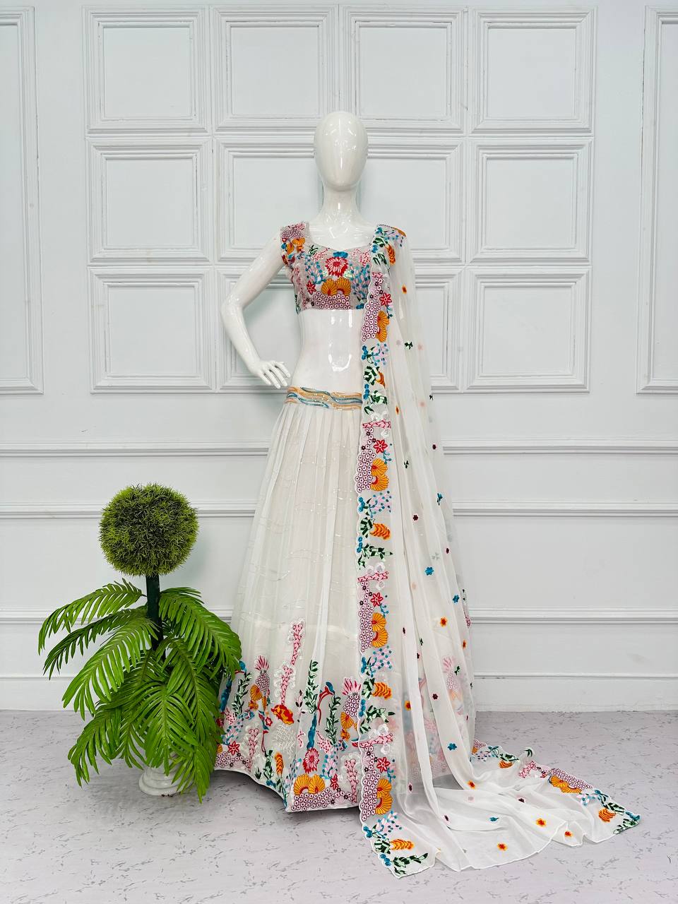 Elegant Georgette Lehenga with Full Embroidery Work (White)