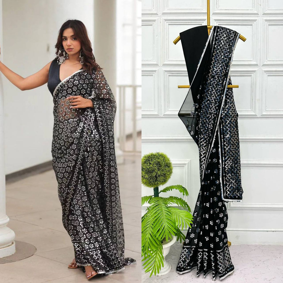 Embroidered Georgette Saree with Sequin Detailing and Cotton Thread Work
