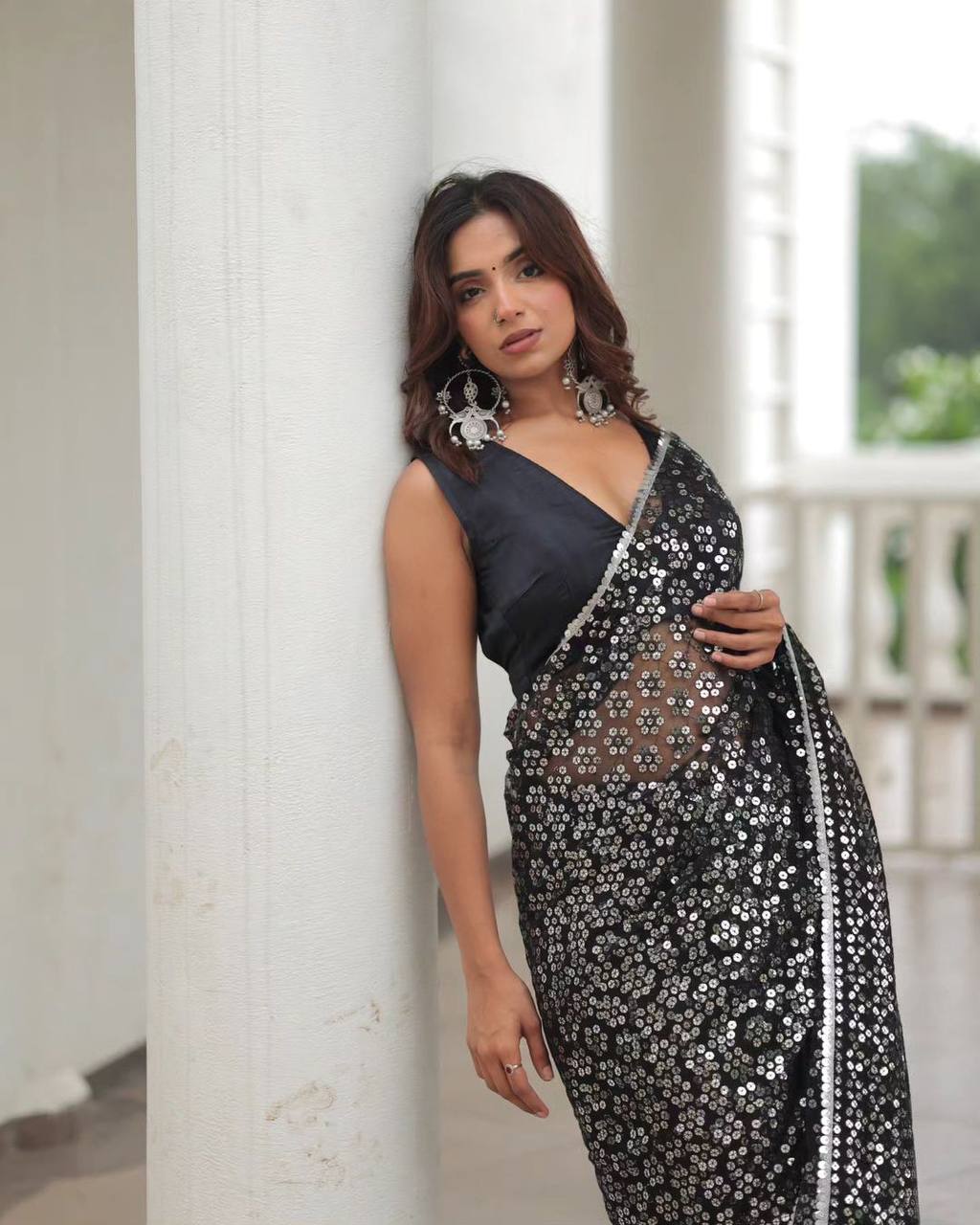 Embroidered Georgette Saree with Sequin Detailing and Cotton Thread Work