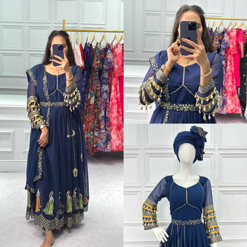 Embroidered Faux Georgette Gown with Micron Inner, Georgette Dupatta & Waist Belt