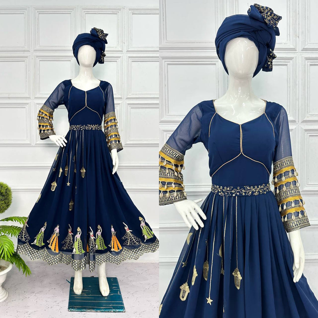 Embroidered Faux Georgette Gown with Micron Inner, Georgette Dupatta & Waist Belt