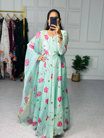 Stylish Satin Georgette Gown with Lace Border Digital Print Dupatta (Sky Blue)