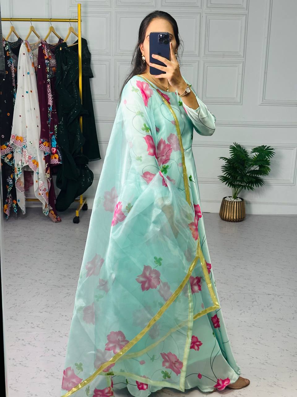 Stylish Satin Georgette Gown with Lace Border Digital Print Dupatta (Sky Blue)