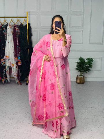 Stylish Satin Georgette Gown with Lace Border Digital Print Dupatta (Pink)