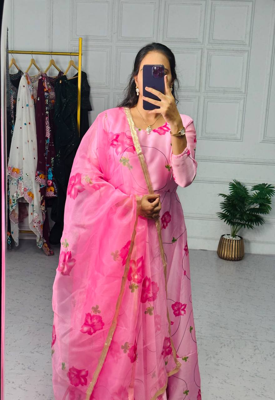 Stylish Satin Georgette Gown with Lace Border Digital Print Dupatta (Pink)
