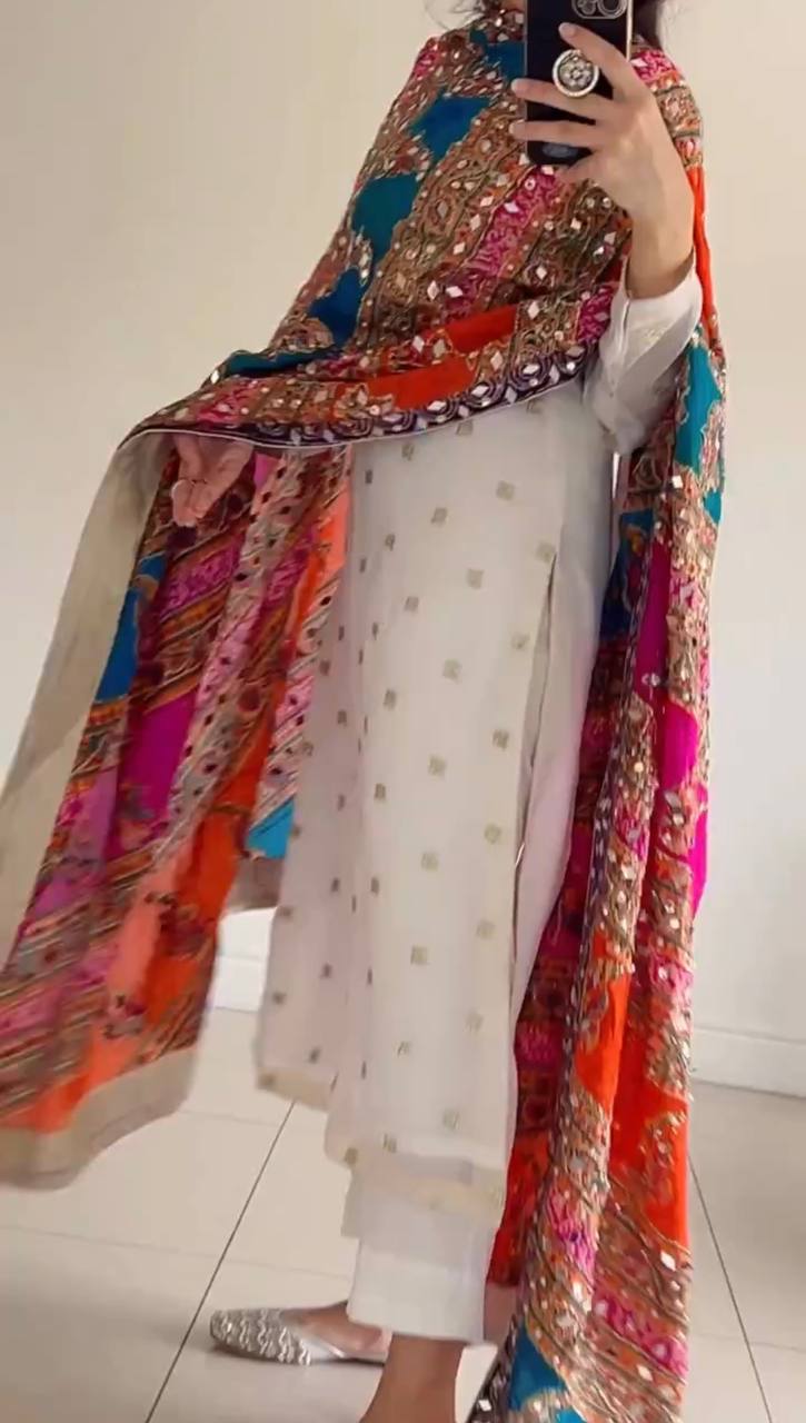 Chinon Embroidery Kurti Set with Handworked Vichitra Silk Dupatta