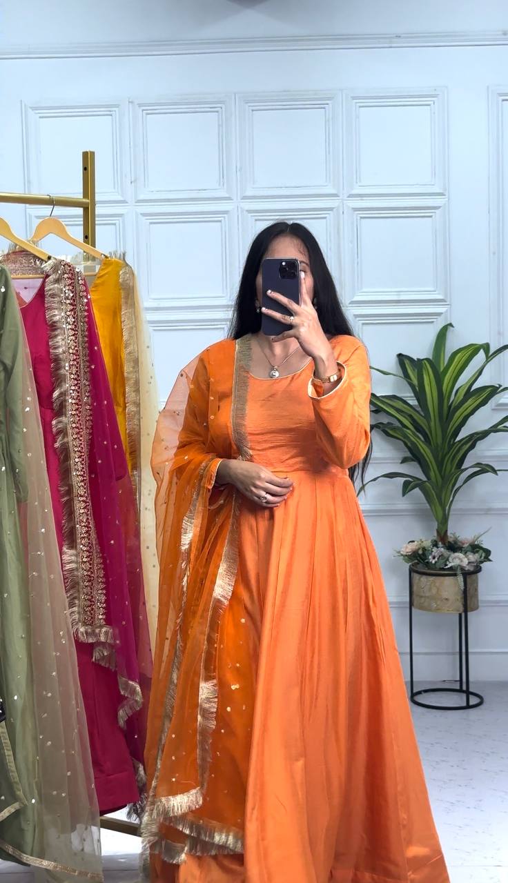 Blooming Vichitra Full Flair Gown Set with Embroidered Dupatta & Micron Cotton Pants (Orange)