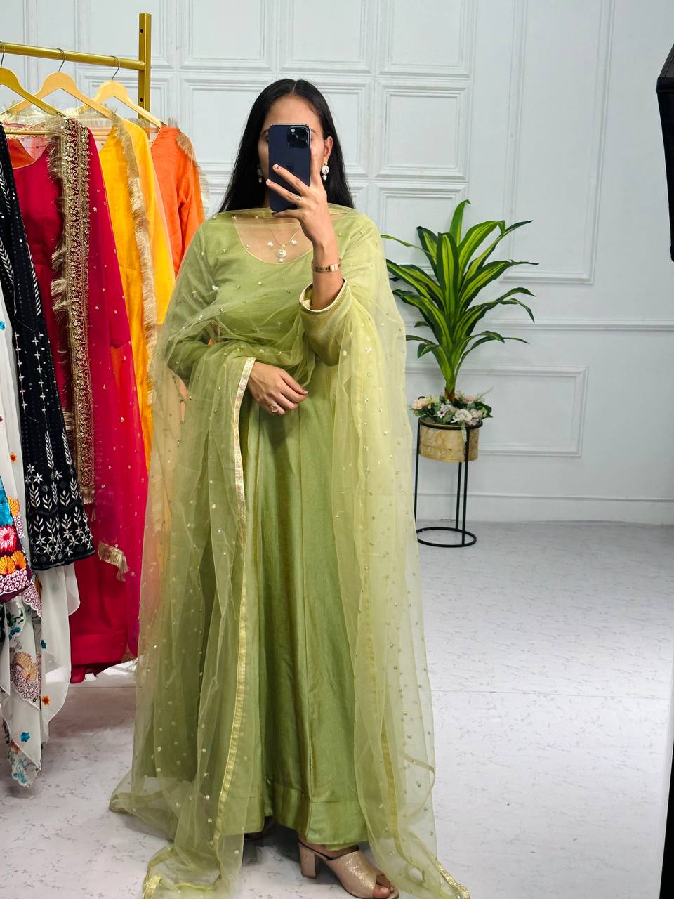 Blooming Vichitra Full Flair Gown Set with Embroidered Dupatta & Micron Cotton Pants (Green)