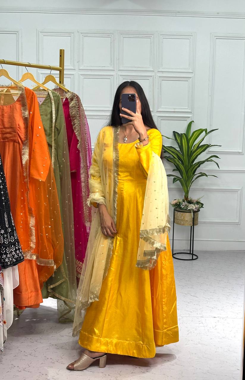 Blooming Vichitra Full Flair Gown Set with Embroidered Dupatta & Micron Cotton Pants (Yellow)