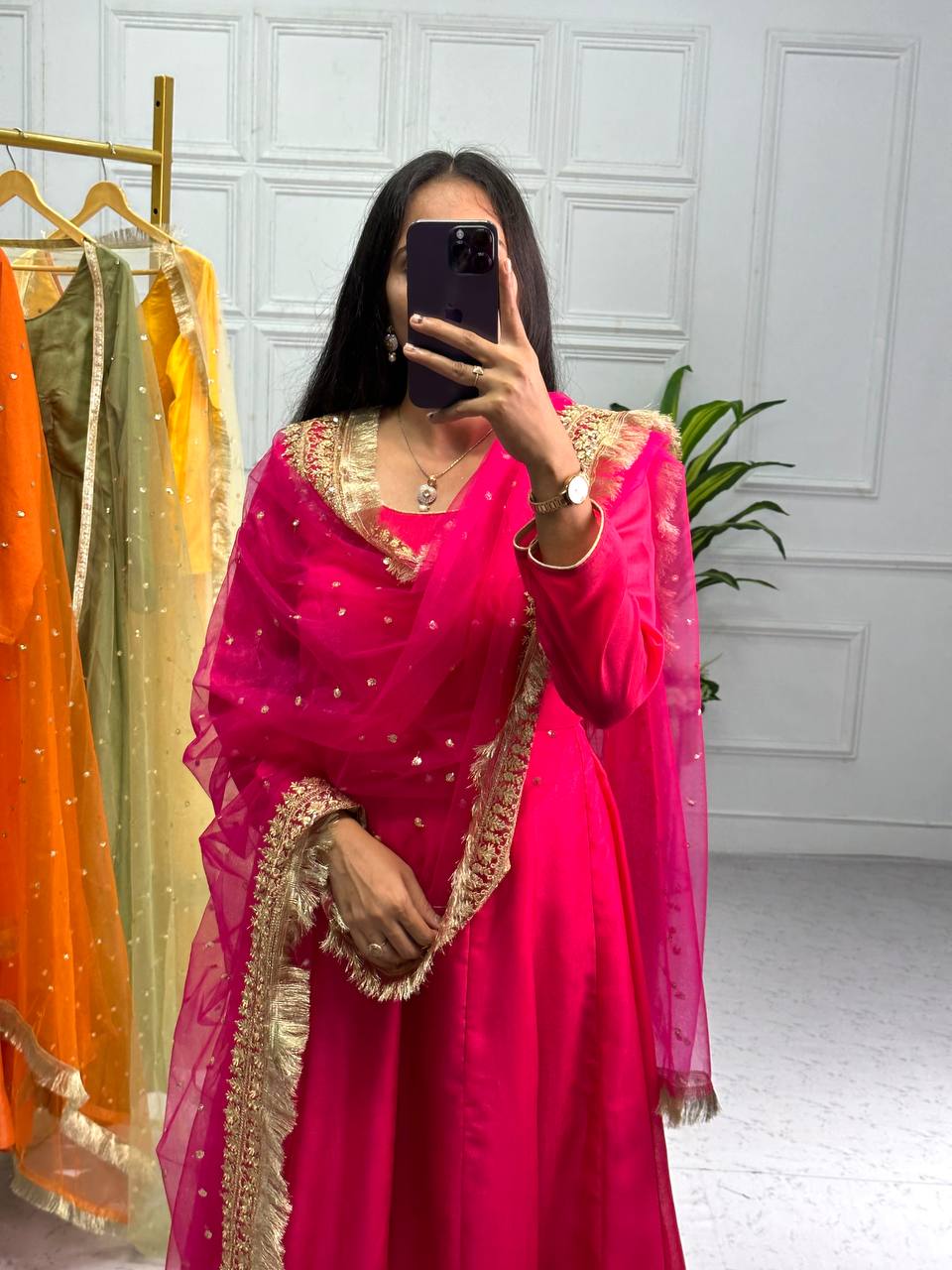Blooming Vichitra Full Flair Gown Set with Embroidered Dupatta & Micron Cotton Pants (Pink)
