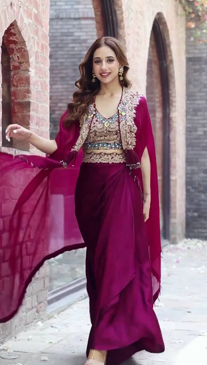 Embroidered Georgette Sarara Set with Plazo, Blouse & Shrug – Classic Elegance