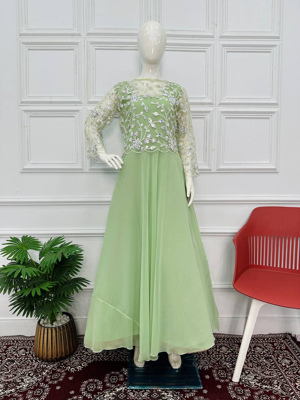 Embroidered Faux Georgette Gown with Net Dupatta and Koti