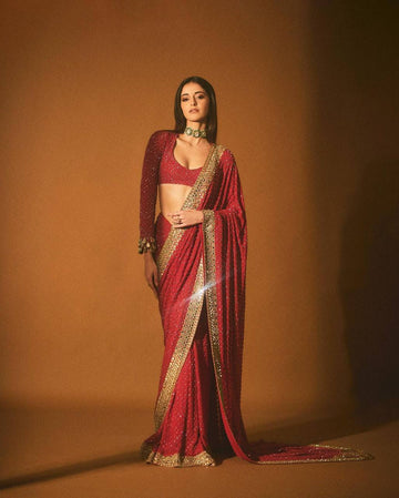 Red Georgette Saree with Heavy 3mm Sequins & Cotton Thread Embroidery