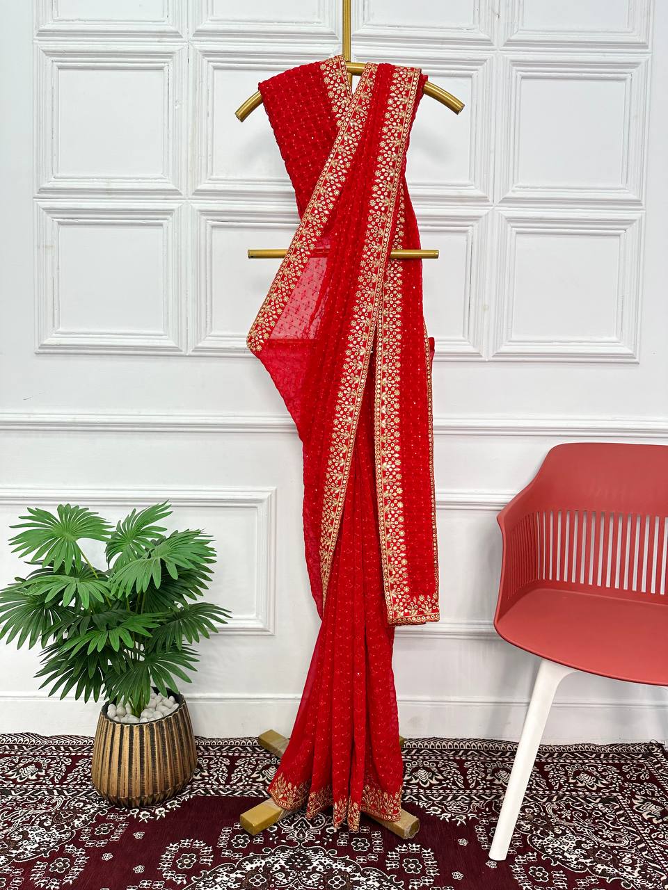 Red Georgette Saree with Heavy 3mm Sequins & Cotton Thread Embroidery