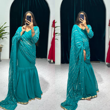 Traditional Lehenga Saree Set with Full Embroidery & Faux Georgette Blouse (Sky Blue)