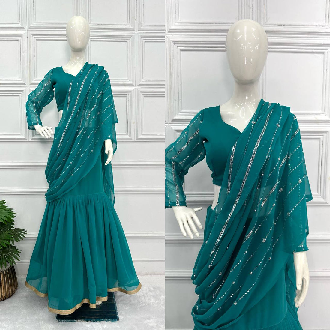 Traditional Lehenga Saree Set with Full Embroidery & Faux Georgette Blouse (Sky Blue)