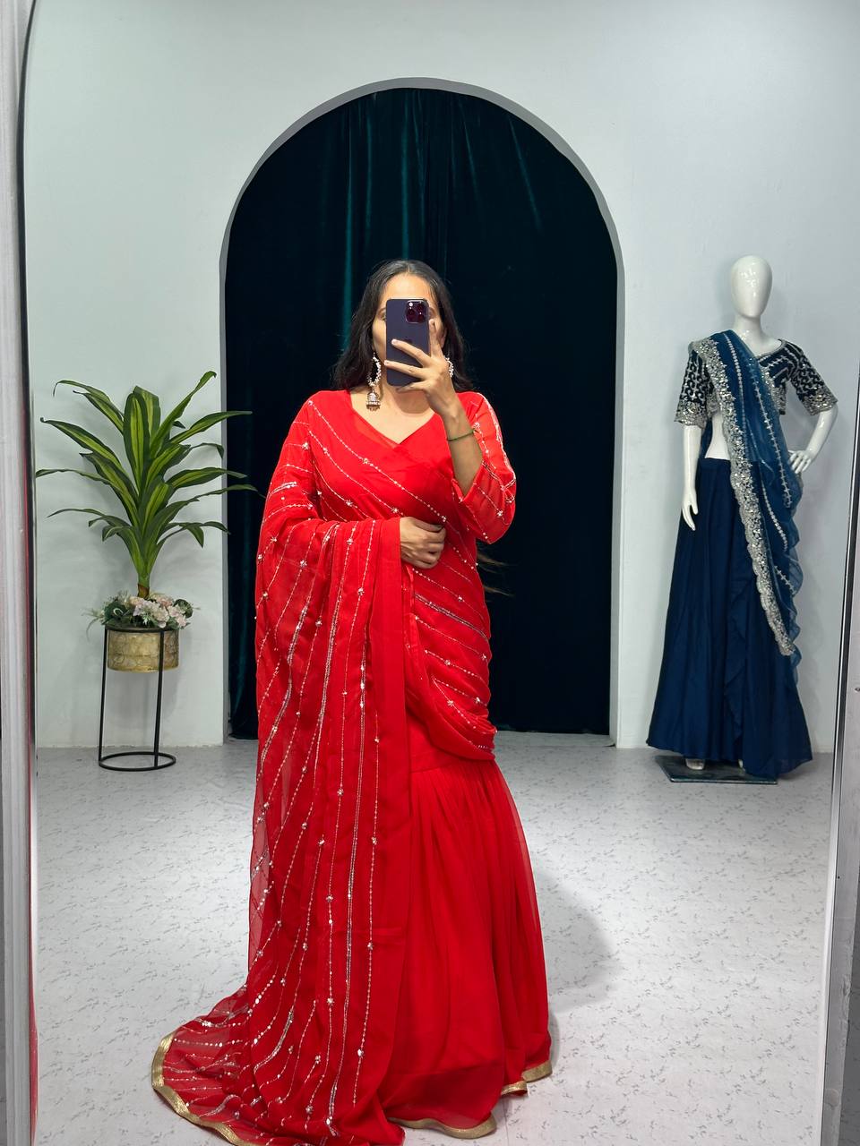Traditional Lehenga Saree Set with Full Embroidery & Faux Georgette Blouse (Red)