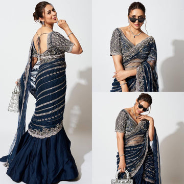Embroidered Blooming Vichitra Lehenga Saree with Full Embroidery Dupatta & Matching Blouse