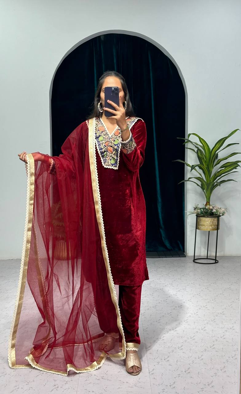 Stylish Velvet Kurti with Jaquard Lace Border, Soft Net Dupatta, and Velvet Pants (Red)