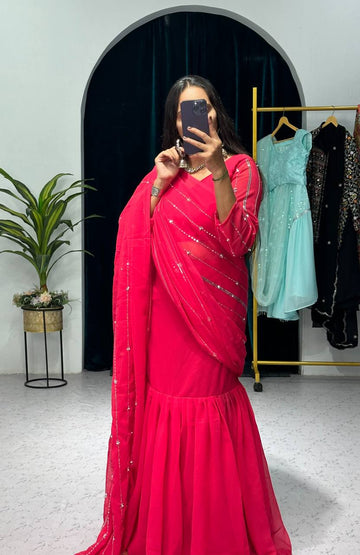 Traditional Lehenga Saree Set with Full Embroidery & Faux Georgette Blouse (Pink)