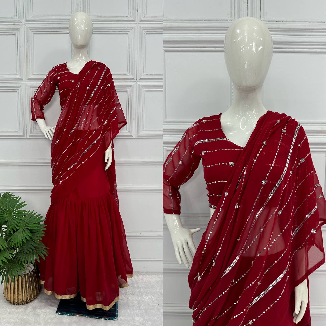 Traditional Lehenga Saree Set with Full Embroidery & Faux Georgette Blouse (Brown)