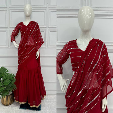 Traditional Lehenga Saree Set with Full Embroidery & Faux Georgette Blouse (Brown)