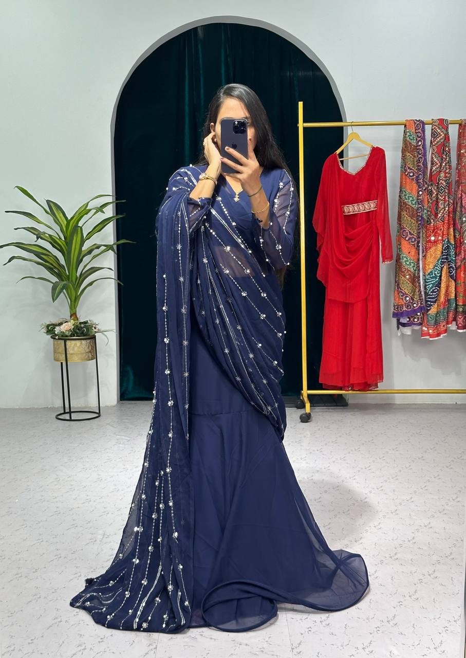 Traditional Lehenga Saree Set with Full Embroidery & Faux Georgette Blouse (Blue)