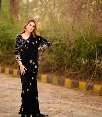 Luxury Velvet Saree with Embroidery Detailing