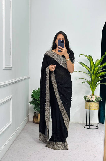 Elegant Jimmy Choo Saree with Cotton Thread & Sequins Embroidery (Black)