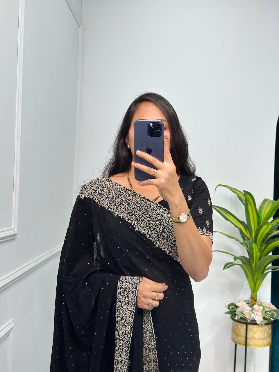 Elegant Jimmy Choo Saree with Cotton Thread & Sequins Embroidery (Black)