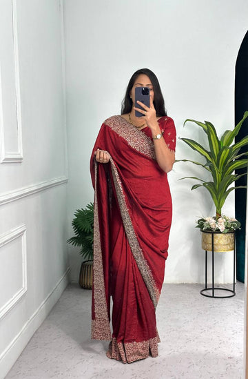 Elegant Jimmy Choo Saree with Cotton Thread & Sequins Embroidery (Red)
