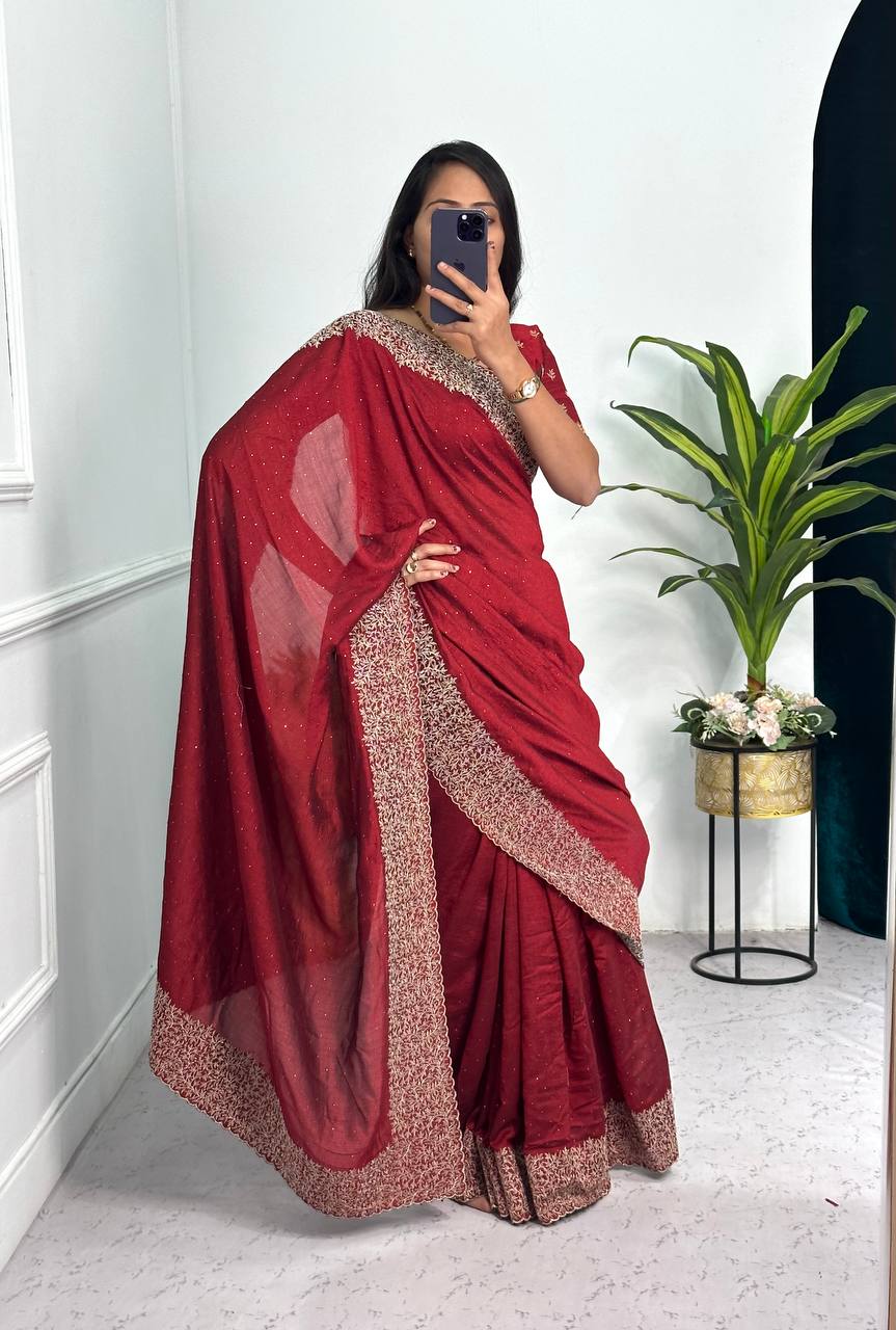 Elegant Jimmy Choo Saree with Cotton Thread & Sequins Embroidery (Red)