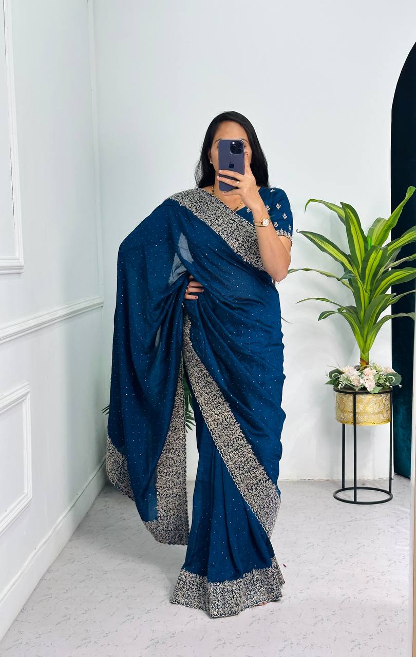 Elegant Jimmy Choo Saree with Cotton Thread & Sequins Embroidery (blue)