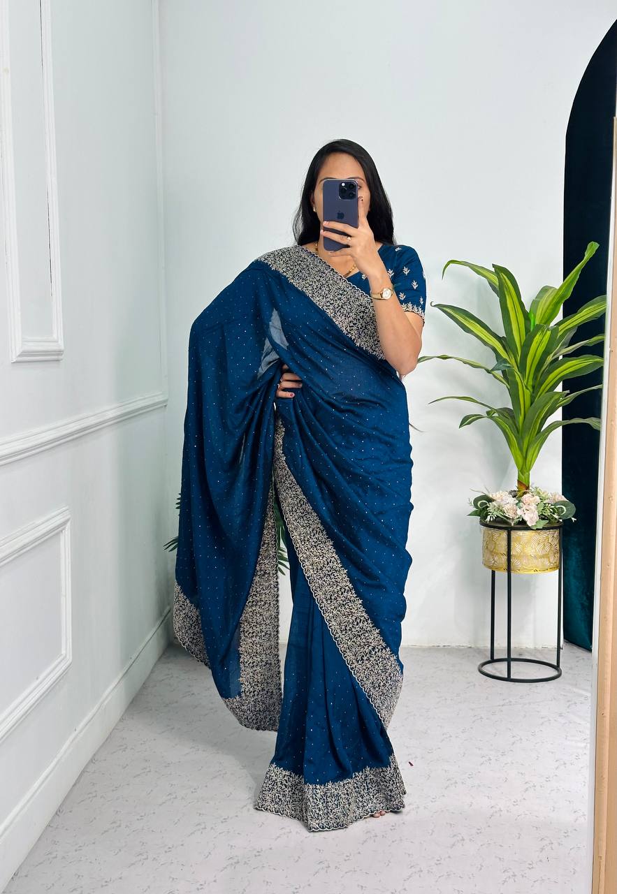 Elegant Jimmy Choo Saree with Cotton Thread & Sequins Embroidery (blue)