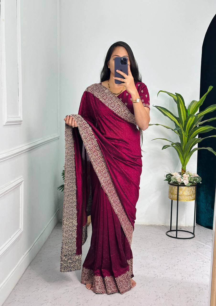 Elegant Jimmy Choo Saree with Cotton Thread & Sequins Embroidery (Maroon)