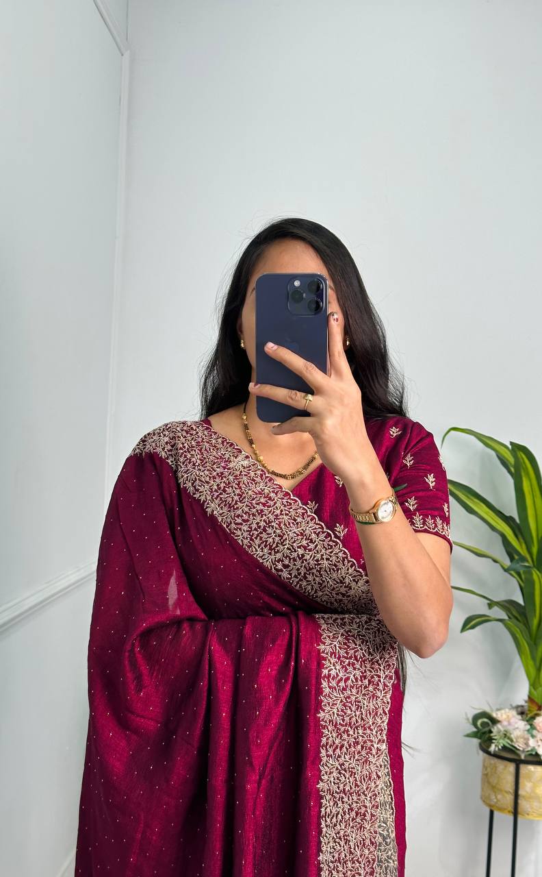 Elegant Jimmy Choo Saree with Cotton Thread & Sequins Embroidery (Maroon)
