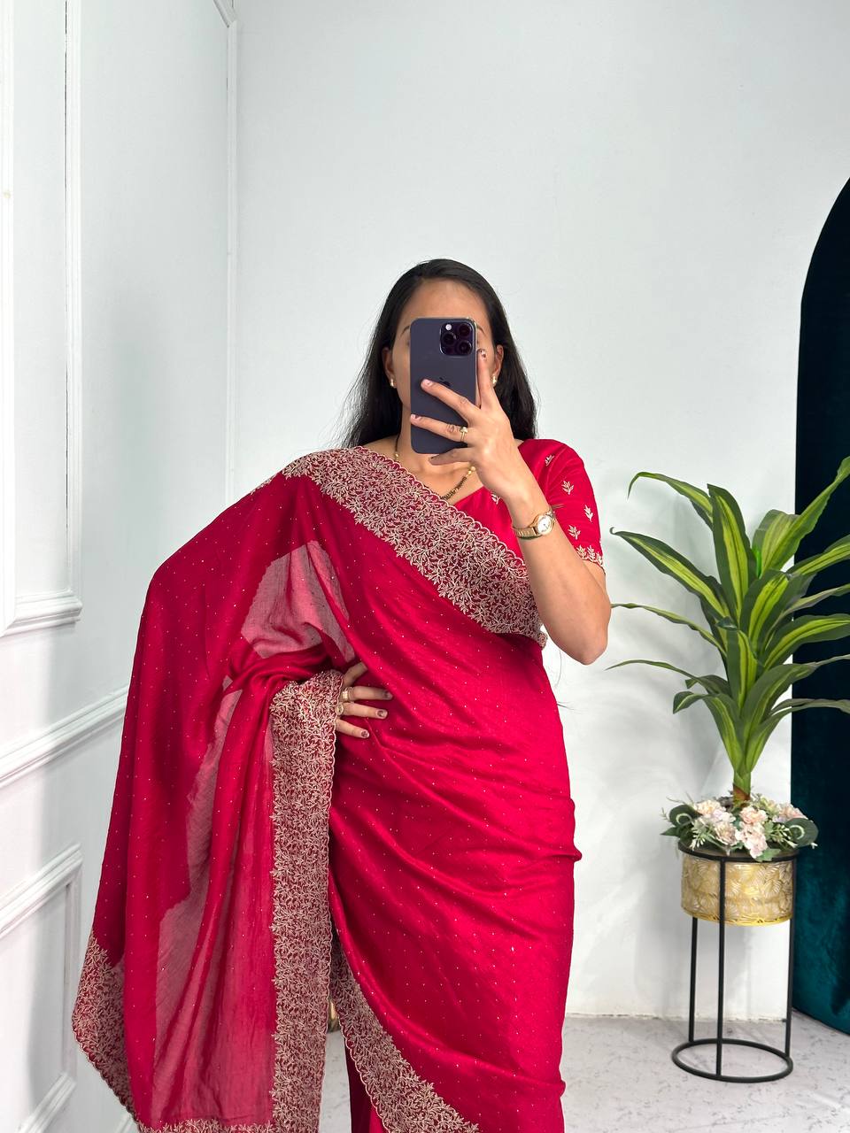 Elegant Jimmy Choo Saree with Cotton Thread & Sequins Embroidery (Pink)