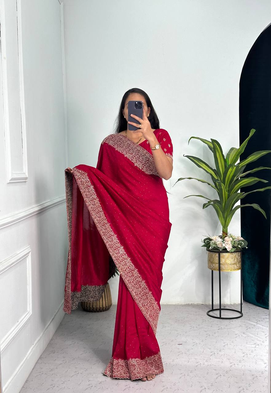 Elegant Jimmy Choo Saree with Cotton Thread & Sequins Embroidery (Pink)