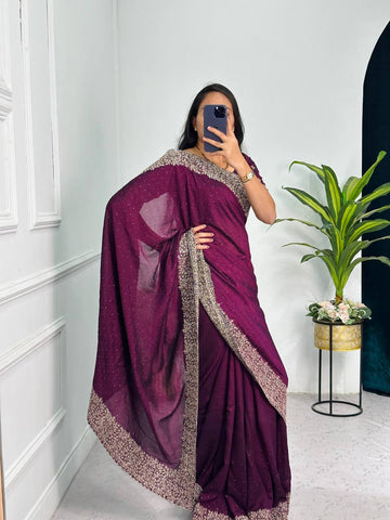 Elegant Jimmy Choo Saree with Cotton Thread & Sequins Embroidery (Purple)