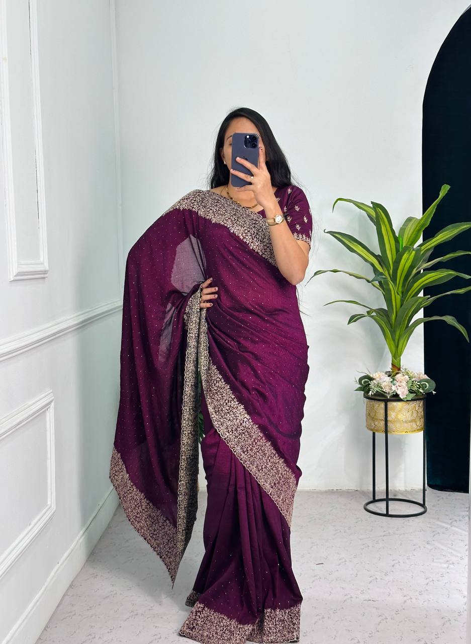 Elegant Jimmy Choo Saree with Cotton Thread & Sequins Embroidery (Purple)