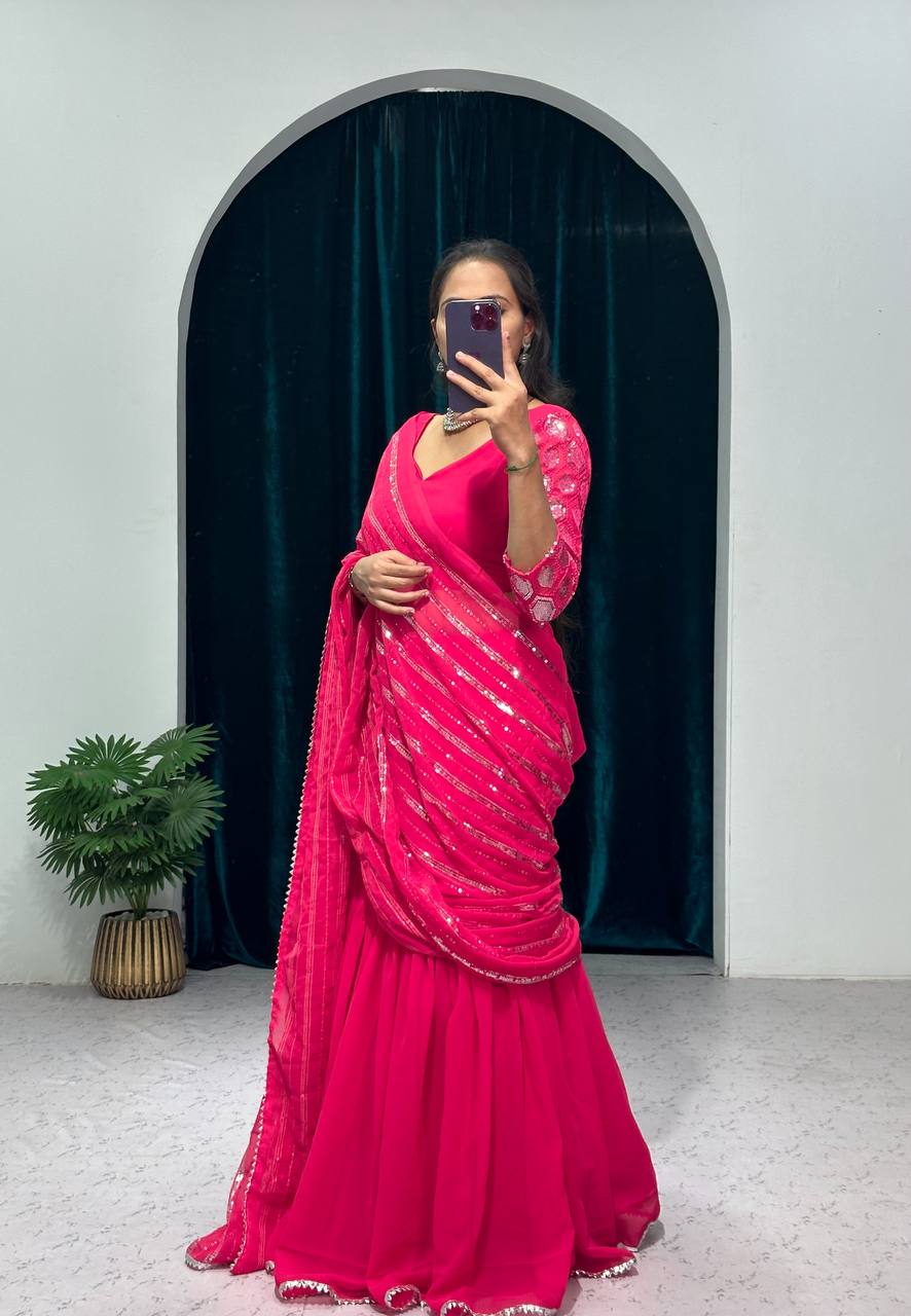 Elegant Faux Georgette Lehenga Saree with Embroidered Sequin Work & Pallu + Unstitched Blouse