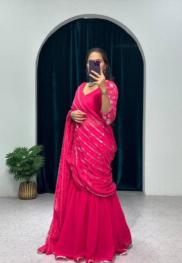 Elegant Faux Georgette Lehenga Saree with Embroidered Sequin Work & Pallu + Unstitched Blouse
