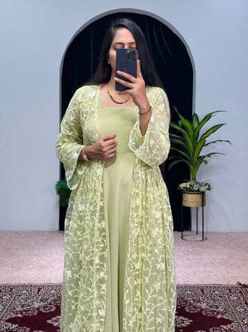 Elegant Faux Georgette Gown with Embroidered Koti and Micro Cotton Pants (Yellow)