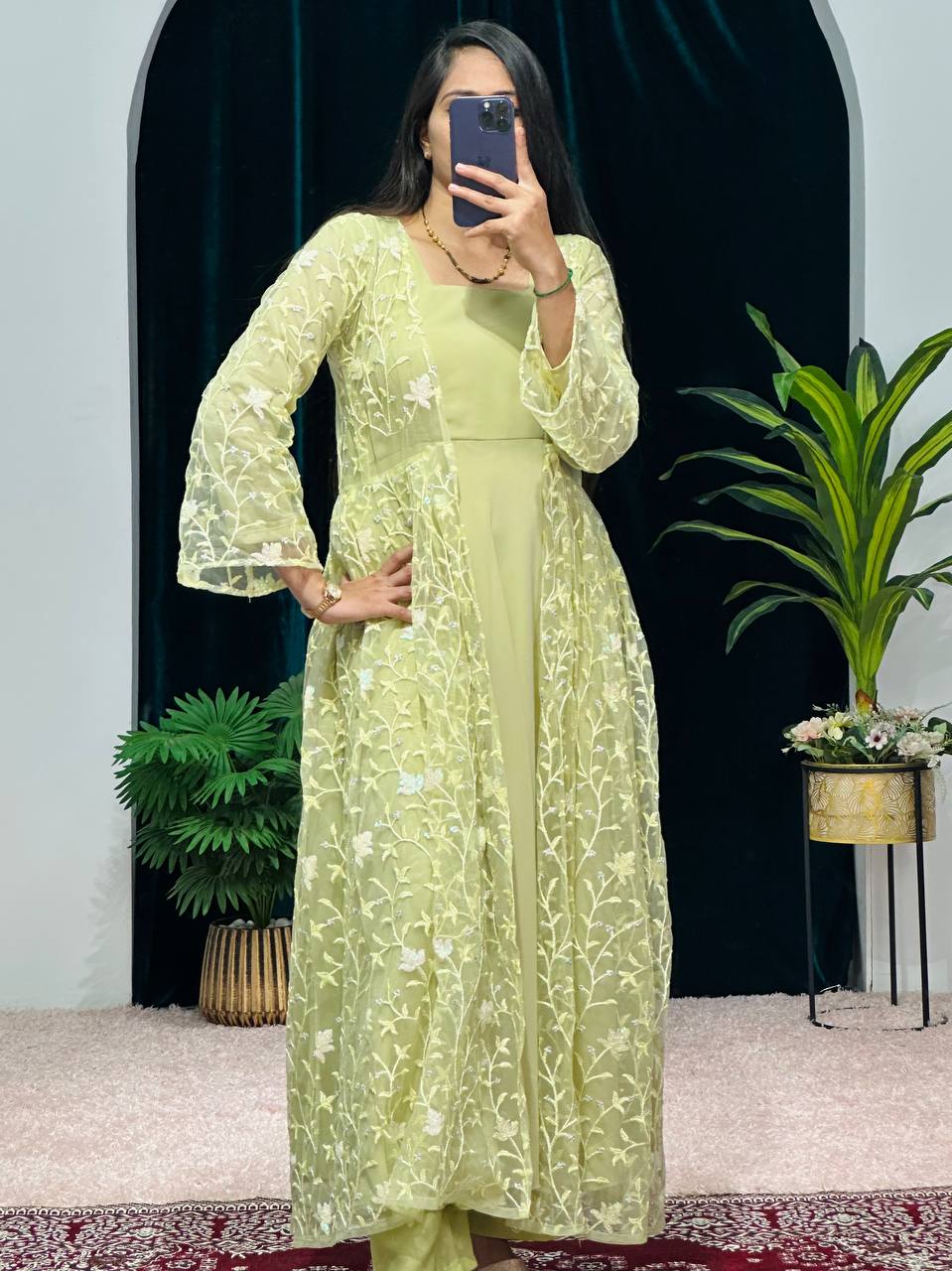 Elegant Faux Georgette Gown with Embroidered Koti and Micro Cotton Pants (Yellow)