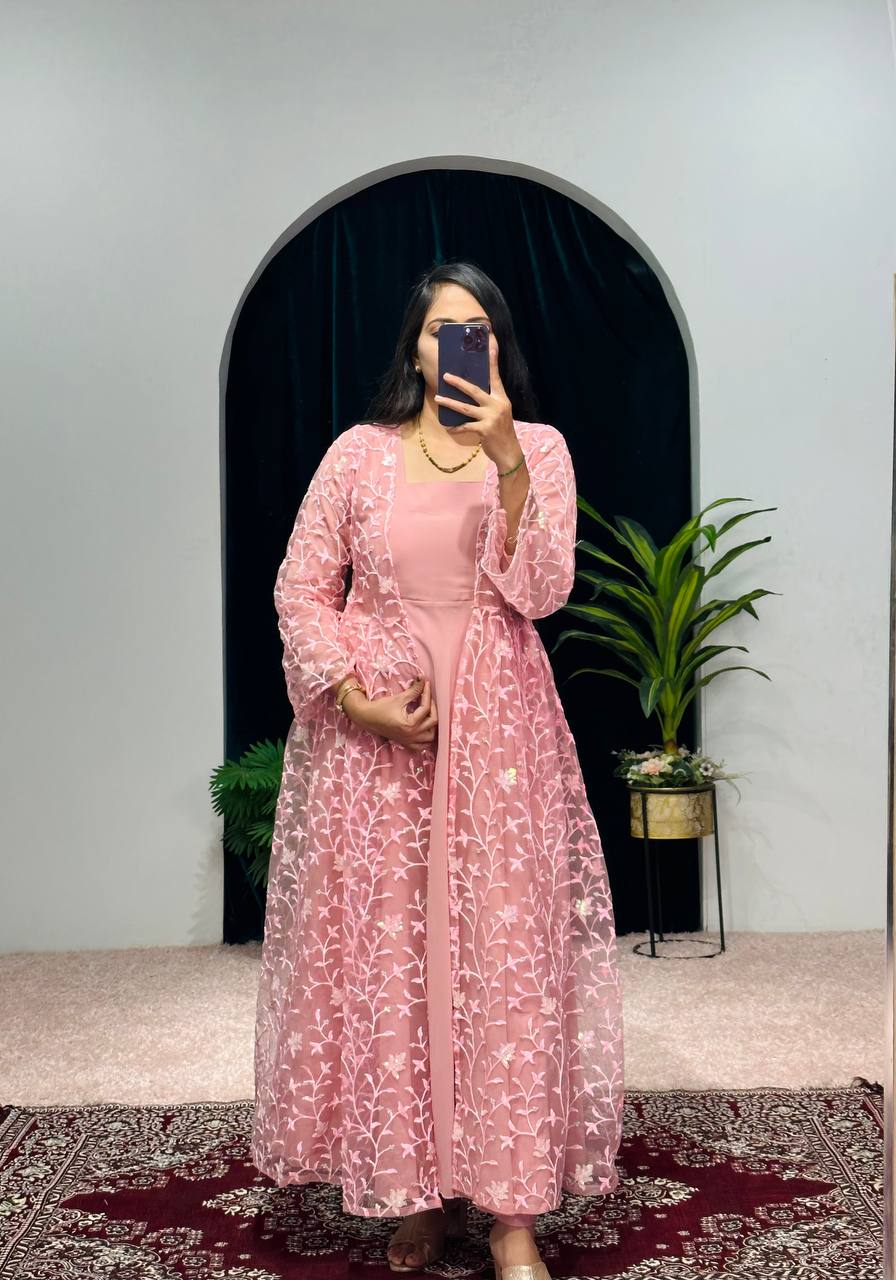 Elegant Faux Georgette Gown with Embroidered Koti and Micro Cotton Pants (Pink)