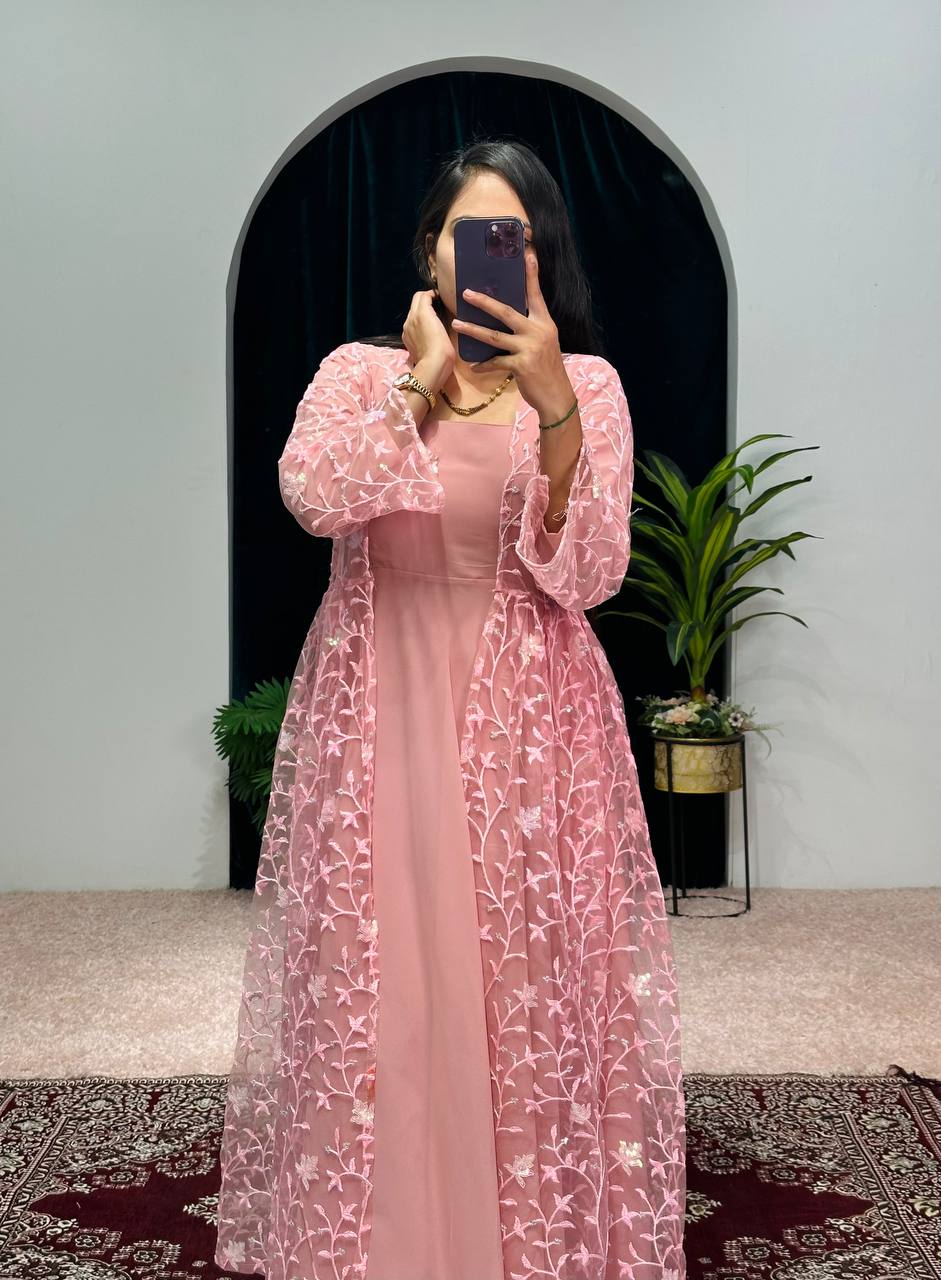 Elegant Faux Georgette Gown with Embroidered Koti and Micro Cotton Pants (Pink)