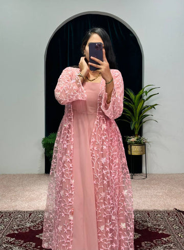 Elegant Faux Georgette Gown with Embroidered Koti and Micro Cotton Pants (Pink)