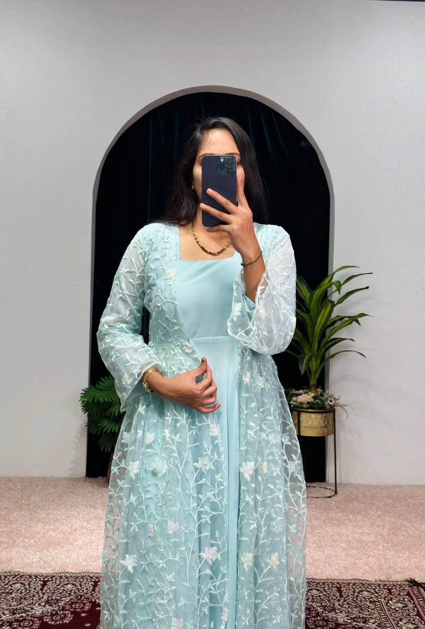 Elegant Faux Georgette Gown with Embroidered Koti and Micro Cotton Pants (Sky Blue)