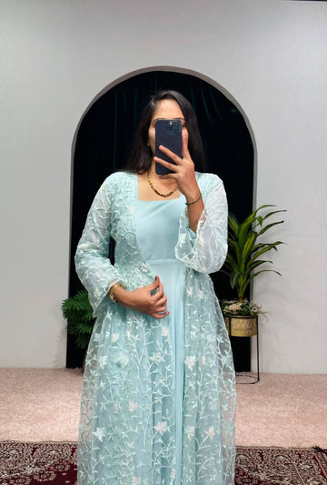 Elegant Faux Georgette Gown with Embroidered Koti and Micro Cotton Pants (Sky Blue)