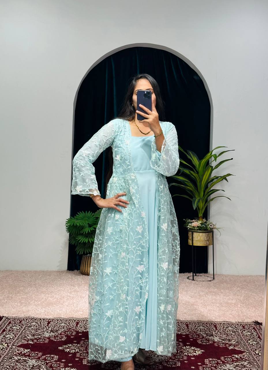 Elegant Faux Georgette Gown with Embroidered Koti and Micro Cotton Pants (Sky Blue)